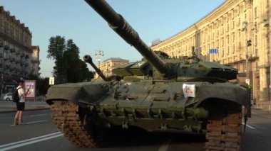 Kyiv, Ukraine - August 24, 2022: Independence Day on Kiev's central street Khreshchatyk. Destroyed burnt Russian military equipment in the center of Kyiv. Parade on Independence Day. 