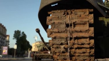 Kyiv, Ukraine - August 24, 2022: Independence Day on Kiev's central street Khreshchatyk. Destroyed burnt Russian military equipment in the center of Kyiv. Parade on Independence Day. 
