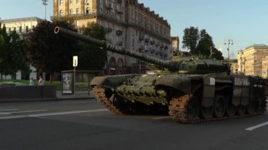 Kyiv, Ukraine - August 24, 2022: Independence Day on Kiev's central street Khreshchatyk. Destroyed burnt Russian military equipment in the center of Kyiv. Parade on Independence Day. 