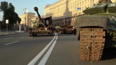 Kyiv, Ukraine - August 24, 2022: Independence Day on Kiev's central street Khreshchatyk. Destroyed burnt Russian military equipment in the center of Kyiv. Parade on Independence Day. 