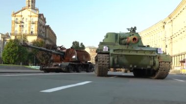 Kyiv, Ukraine - August 24, 2022: Independence Day on Kiev's central street Khreshchatyk. Destroyed burnt Russian military equipment in the center of Kyiv. Parade on Independence Day. 