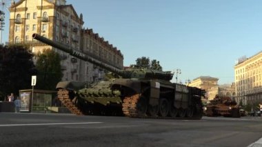 Kyiv, Ukraine - August 24, 2022: Independence Day on Kiev's central street Khreshchatyk. Destroyed burnt Russian military equipment in the center of Kyiv. Parade on Independence Day. 