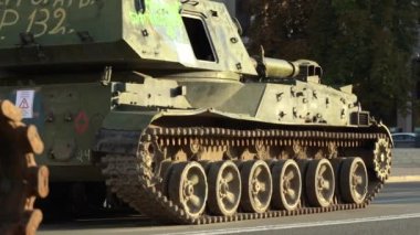 Kyiv, Ukraine - August 24, 2022: Independence Day on Kiev's central street Khreshchatyk. Destroyed burnt Russian military equipment in the center of Kyiv. Parade on Independence Day. 