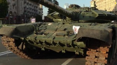 Kyiv, Ukraine - August 24, 2022: Independence Day on Kiev's central street Khreshchatyk. Destroyed burnt Russian military equipment in the center of Kyiv. Parade on Independence Day. 