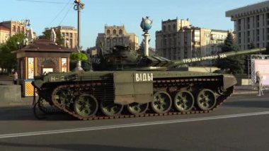Kyiv, Ukraine - August 24, 2022: Independence Day on Kiev's central street Khreshchatyk. Destroyed burnt Russian military equipment in the center of Kyiv. Parade on Independence Day. 
