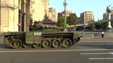 Kyiv, Ukraine - August 24, 2022: Independence Day on Kiev's central street Khreshchatyk. Destroyed burnt Russian military equipment in the center of Kyiv. Parade on Independence Day. 