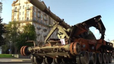 Kyiv, Ukraine - August 24, 2022: Independence Day on Kiev's central street Khreshchatyk. Destroyed burnt Russian military equipment in the center of Kyiv. Parade on Independence Day. 