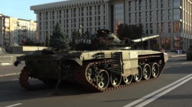 Kyiv, Ukraine - August 24, 2022: Independence Day on Kiev's central street Khreshchatyk. Destroyed burnt Russian military equipment in the center of Kyiv. Parade on Independence Day. 