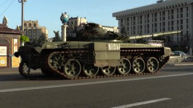 Kyiv, Ukraine - August 24, 2022: Independence Day on Kiev's central street Khreshchatyk. Destroyed burnt Russian military equipment in the center of Kyiv. Parade on Independence Day. 