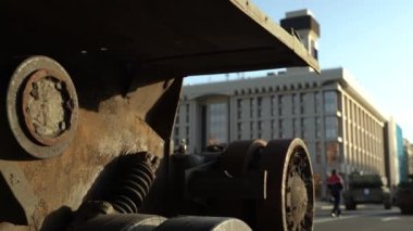 Kyiv, Ukraine - August 24, 2022: Independence Day on Kiev's central street Khreshchatyk. Destroyed burnt Russian military equipment in the center of Kyiv. Parade on Independence Day. 