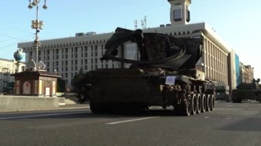 Kyiv, Ukraine - August 24, 2022: Independence Day on Kiev's central street Khreshchatyk. Destroyed burnt Russian military equipment in the center of Kyiv. Parade on Independence Day. 