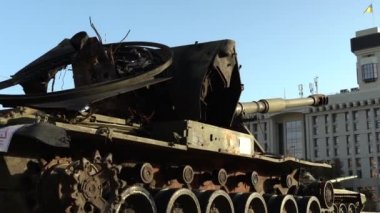 Kyiv, Ukraine - August 24, 2022: Independence Day on Kiev's central street Khreshchatyk. Destroyed burnt Russian military equipment in the center of Kyiv. Parade on Independence Day. 
