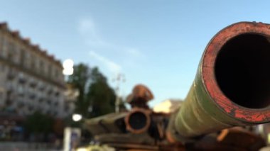 Kyiv, Ukraine - August 24, 2022: Independence Day on Kiev's central street Khreshchatyk. Destroyed burnt Russian military equipment in the center of Kyiv. Parade on Independence Day. 