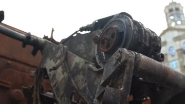 Kyiv, Ukraine - August 24, 2022: Parade on Khreshchatyk in honor of the Independence Day of Ukraine. Destroyed equipment of the Russian army. Exhibition of burnt occupant equipment. War in Ukraine.