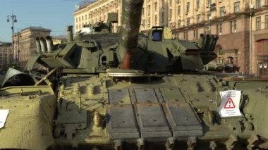Kyiv, Ukraine - August 24, 2022: Parade on Khreshchatyk in honor of the Independence Day of Ukraine. Destroyed equipment of the Russian army. Exhibition of burnt occupant equipment. War in Ukraine.