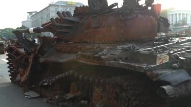 Kyiv, Ukraine - August 24, 2022: Parade on Khreshchatyk in honor of the Independence Day of Ukraine. Destroyed equipment of the Russian army. Exhibition of burnt occupant equipment. War in Ukraine.