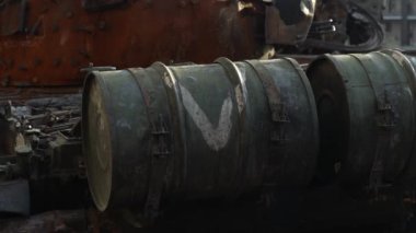 Kyiv, Ukraine - August 24, 2022: Parade on Khreshchatyk in honor of the Independence Day of Ukraine. Destroyed equipment of the Russian army. Exhibition of burnt occupant equipment. War in Ukraine.