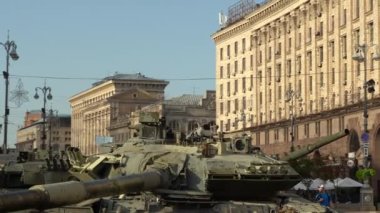 Kyiv, Ukraine - August 24, 2022: Parade on Khreshchatyk in honor of the Independence Day of Ukraine. Destroyed equipment of the Russian army. Exhibition of burnt occupant equipment. War in Ukraine.