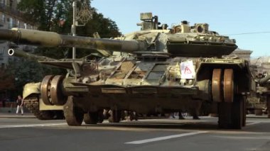 Kyiv, Ukraine - August 24, 2022: Parade on Khreshchatyk in honor of the Independence Day of Ukraine. Destroyed equipment of the Russian army. Exhibition of burnt occupant equipment. War in Ukraine.