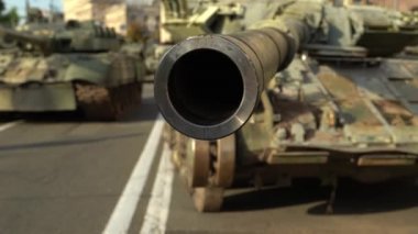 Kyiv, Ukraine - August 24, 2022: Parade on Khreshchatyk in honor of the Independence Day of Ukraine. Destroyed equipment of the Russian army. Exhibition of burnt occupant equipment. War in Ukraine.