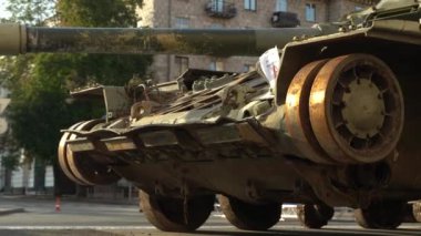 Kyiv, Ukraine - August 24, 2022: Parade on Khreshchatyk in honor of the Independence Day of Ukraine. Destroyed equipment of the Russian army. Exhibition of burnt occupant equipment. War in Ukraine.