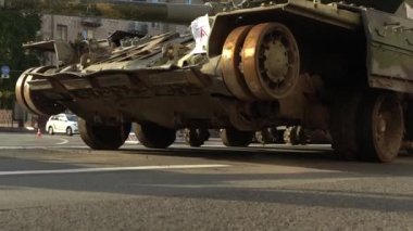 Kyiv, Ukraine - August 24, 2022: Parade on Khreshchatyk in honor of the Independence Day of Ukraine. Destroyed equipment of the Russian army. Exhibition of burnt occupant equipment. War in Ukraine.
