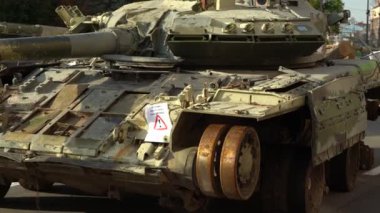 Kyiv, Ukraine - August 24, 2022: Parade on Khreshchatyk in honor of the Independence Day of Ukraine. Destroyed equipment of the Russian army. Exhibition of burnt occupant equipment. War in Ukraine.