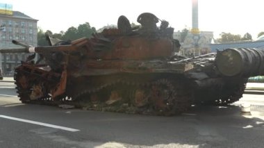 Kyiv, Ukraine - August 24, 2022: Parade on Khreshchatyk in honor of the Independence Day of Ukraine. Destroyed equipment of the Russian army. Exhibition of burnt occupant equipment. War in Ukraine.