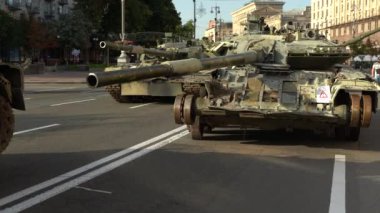 Kyiv, Ukraine - August 24, 2022: Parade on Khreshchatyk in honor of the Independence Day of Ukraine. Destroyed equipment of the Russian army. Exhibition of burnt occupant equipment. War in Ukraine.