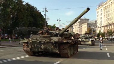 Kyiv, Ukraine - August 24, 2022: Parade on Khreshchatyk in honor of the Independence Day of Ukraine. Destroyed equipment of the Russian army. Exhibition of burnt occupant equipment. War in Ukraine.