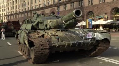 Kyiv, Ukraine - August 24, 2022: Parade on Khreshchatyk in honor of the Independence Day of Ukraine. Destroyed equipment of the Russian army. Exhibition of burnt occupant equipment. War in Ukraine.