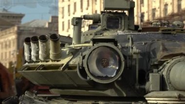 Kyiv, Ukraine - August 24, 2022: Parade on Khreshchatyk in honor of the Independence Day of Ukraine. Destroyed equipment of the Russian army. Exhibition of burnt occupant equipment. War in Ukraine.