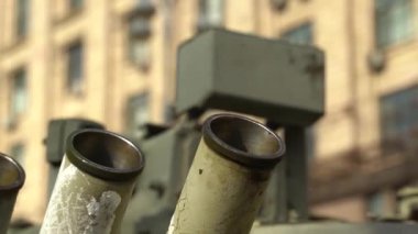 Kyiv, Ukraine - August 24, 2022: Parade on Khreshchatyk in honor of the Independence Day of Ukraine. Destroyed equipment of the Russian army. Exhibition of burnt occupant equipment. War in Ukraine.