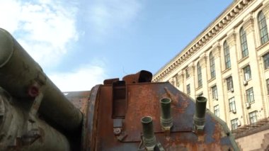 Kyiv, Ukraine - August 24, 2022: Parade on Khreshchatyk in honor of the Independence Day of Ukraine. Destroyed equipment of the Russian army. Exhibition of burnt occupant equipment. War in Ukraine.