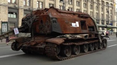 Kyiv, Ukraine - August 24, 2022: Parade on Khreshchatyk in honor of the Independence Day of Ukraine. Destroyed equipment of the Russian army. Exhibition of burnt occupant equipment. War in Ukraine.