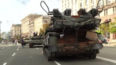 Kyiv, Ukraine - August 24, 2022: Parade on Khreshchatyk in honor of the Independence Day of Ukraine. Destroyed equipment of the Russian army. Exhibition of burnt occupant equipment. War in Ukraine.
