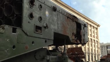 Kyiv, Ukraine - August 24, 2022: Parade on Khreshchatyk in honor of the Independence Day of Ukraine. Destroyed equipment of the Russian army. Exhibition of burnt occupant equipment. War in Ukraine.