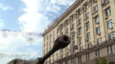 Kyiv, Ukraine - August 24, 2022: Parade on Khreshchatyk in honor of the Independence Day of Ukraine. Destroyed equipment of the Russian army. Exhibition of burnt occupant equipment. War in Ukraine.