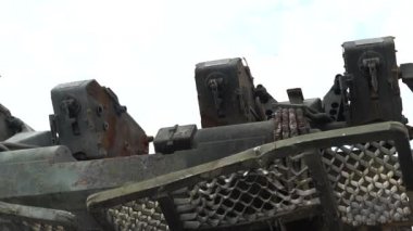 Kyiv, Ukraine - August 24, 2022: Parade on Khreshchatyk in honor of the Independence Day of Ukraine. Destroyed equipment of the Russian army. Exhibition of burnt occupant equipment. War in Ukraine.