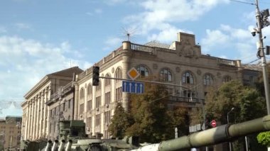 Kyiv, Ukraine - August 24, 2022: Parade on Khreshchatyk in honor of the Independence Day of Ukraine. Destroyed equipment of the Russian army. Exhibition of burnt occupant equipment. War in Ukraine.