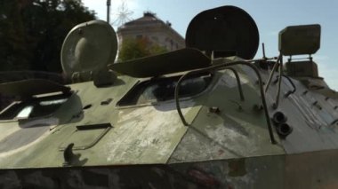 Kyiv, Ukraine - August 24, 2022: Parade on Khreshchatyk in honor of the Independence Day of Ukraine. Destroyed equipment of the Russian army. Exhibition of burnt occupant equipment. War in Ukraine.