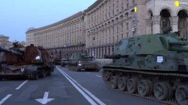 Kyiv, Ukraine - August 24, 2022: Parade on Khreshchatyk in honor of the Independence Day of Ukraine. Destroyed equipment of the Russian army. Exhibition of burnt occupant equipment. War in Ukraine.