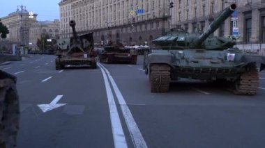 Kyiv, Ukraine - August 24, 2022: Parade on Khreshchatyk in honor of the Independence Day of Ukraine. Destroyed equipment of the Russian army. Exhibition of burnt occupant equipment. War in Ukraine.