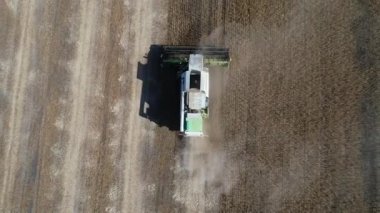 Buğday tarlasını hasat etmek için biçme makinesi. Buğday tarlasını hasat eden ekin biçme makinesini birleştirin. Hasattan sonra bir tarla. Havadan. Ukrayna. Kharkiv