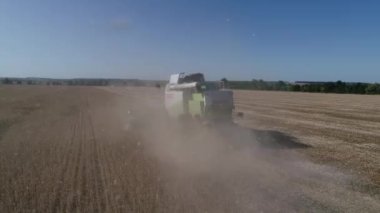 Buğday tarlasını hasat etmek için biçme makinesi. Buğday tarlasını hasat eden ekin biçme makinesini birleştirin. Hasattan sonra bir tarla. Havadan. Ukrayna. Kharkiv