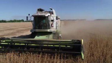 Buğday tarlasını hasat etmek için biçme makinesi. Buğday tarlasını hasat eden ekin biçme makinesini birleştirin. Hasattan sonra bir tarla. Havadan. Ukrayna. Kharkiv