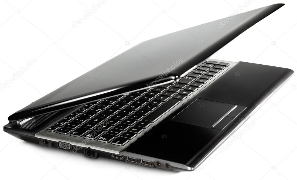 Angle view of a black modern laptop on a white background