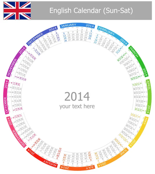2014 Inglese Circle Calendar Dom-sab — Vettoriale Stock