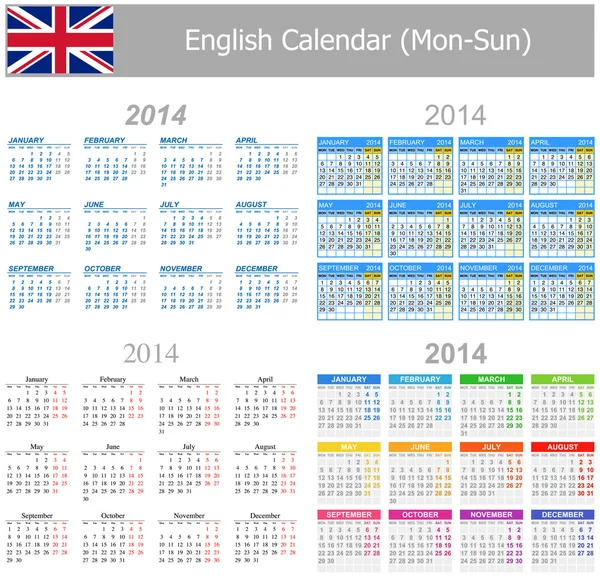 Calendario de mezclas inglés 2014 Lun-Sun — Vector de stock