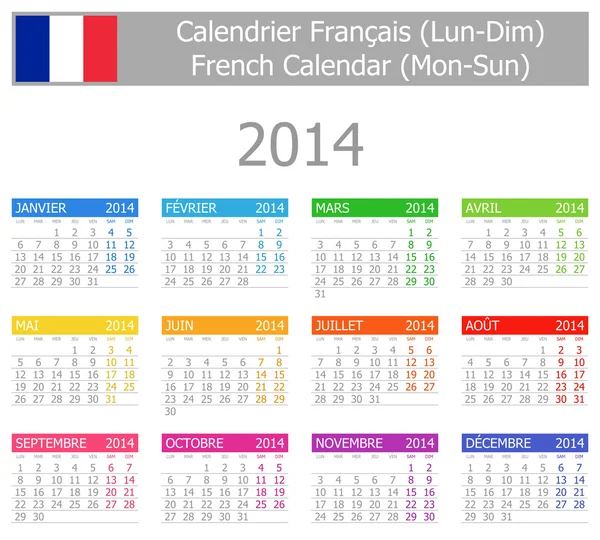 Calendario francese Tipo-1 2014 lun-dom — Vettoriale Stock